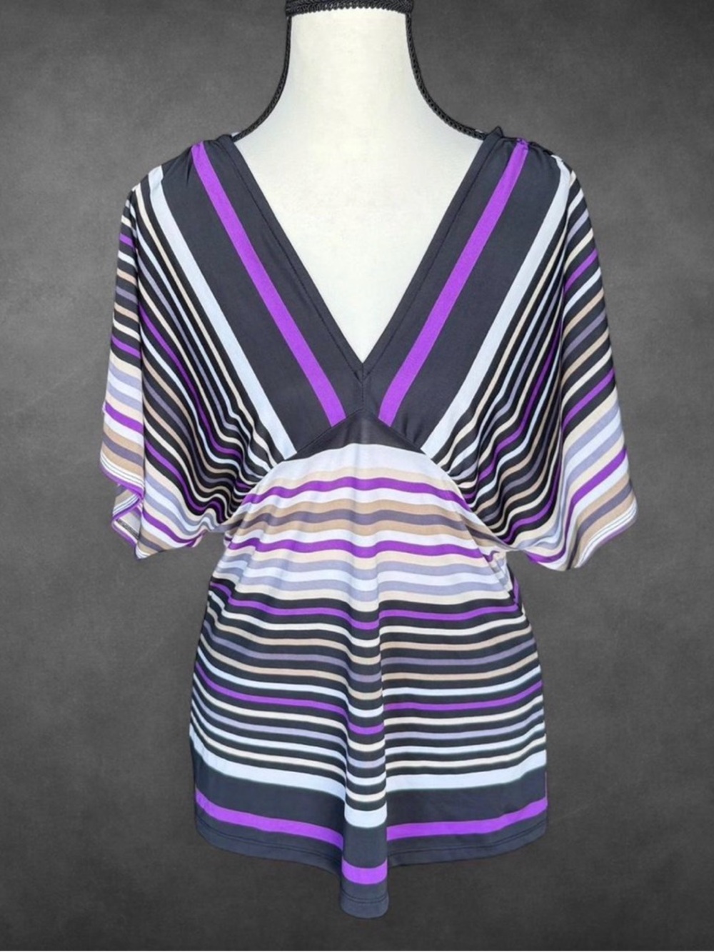 Cache Striped V Neck Flutter Sleeve Top Purple Black Y2K - Size‎ M
